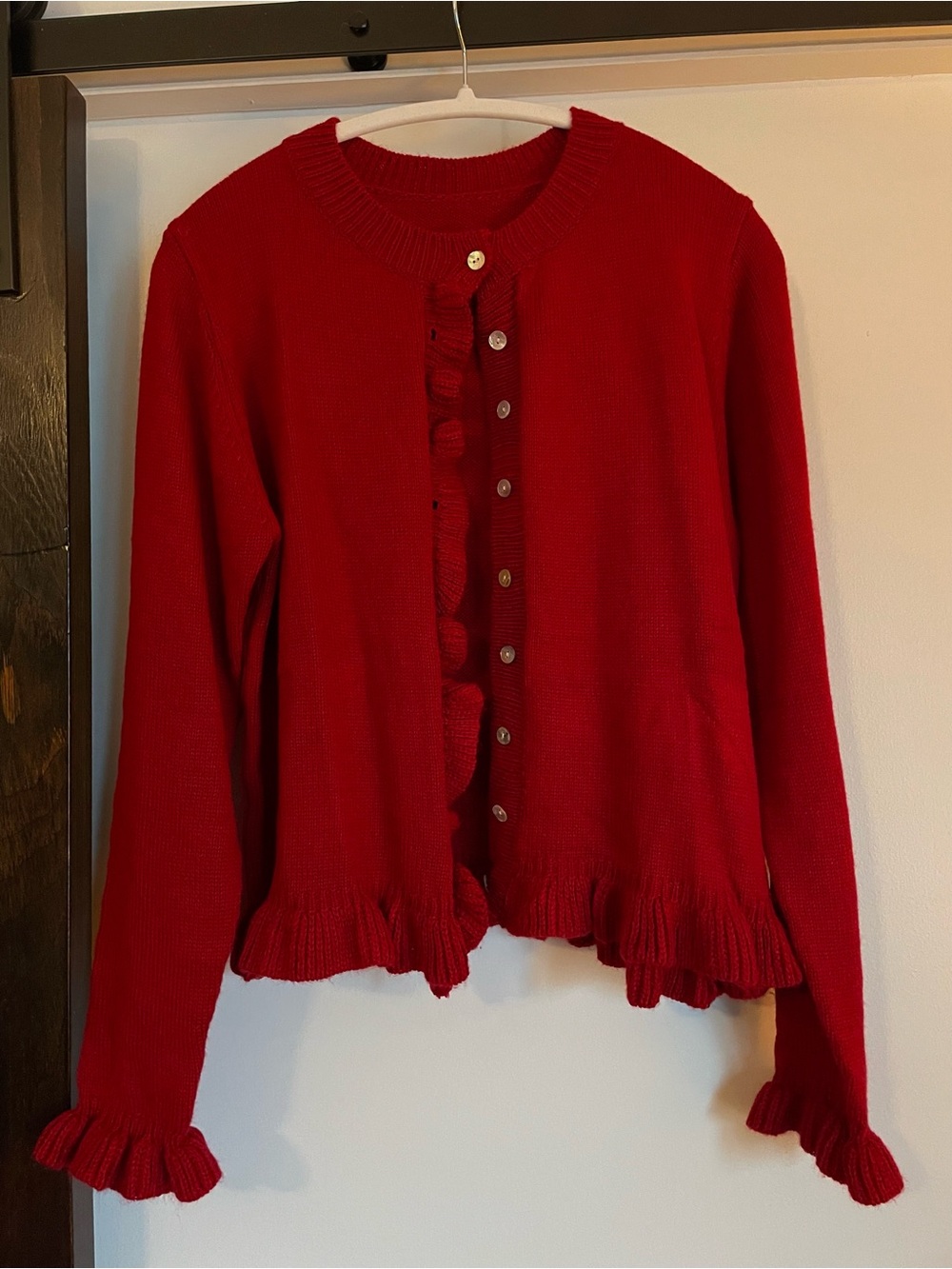 Burgundy Ruffle-Hem Knit Cardigan